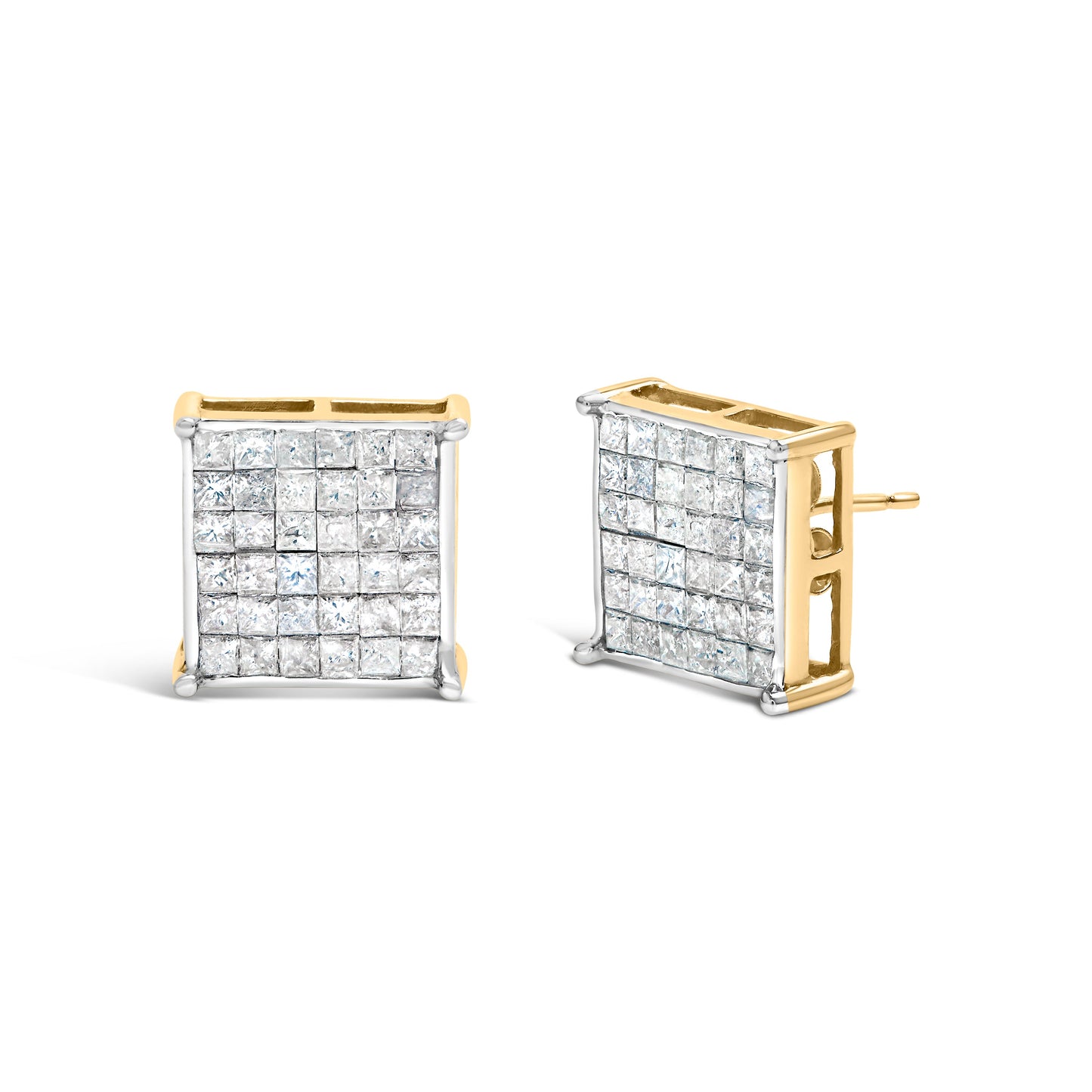 10K Yellow Gold Invisible-Set Princess-Cut Diamond Stud Earrings