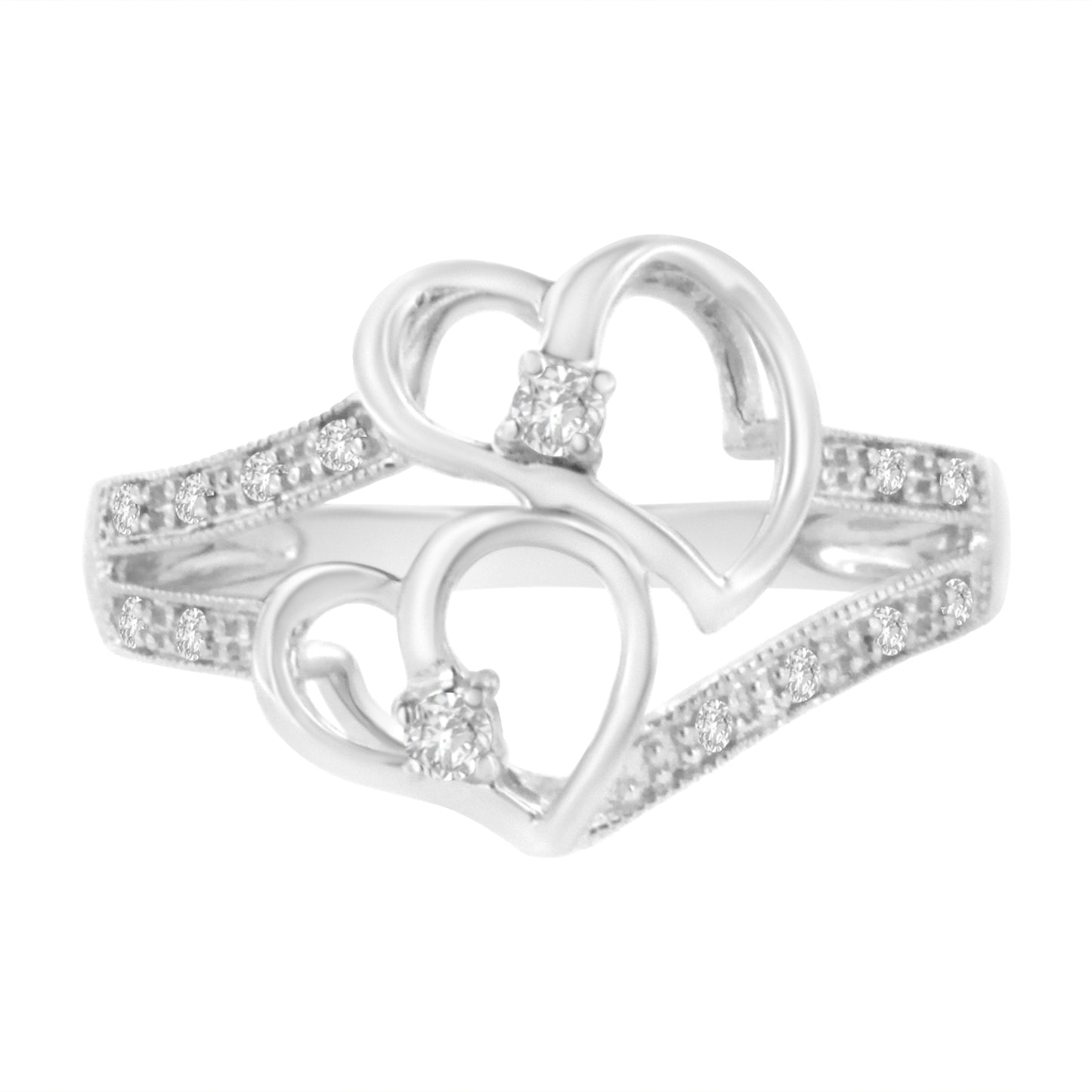 14KT White Gold Diamond Twin Heart Ring - Size 6.5