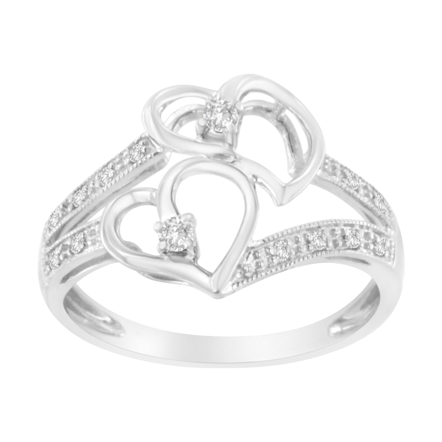 14KT White Gold Diamond Twin Heart Ring - Size 6.5