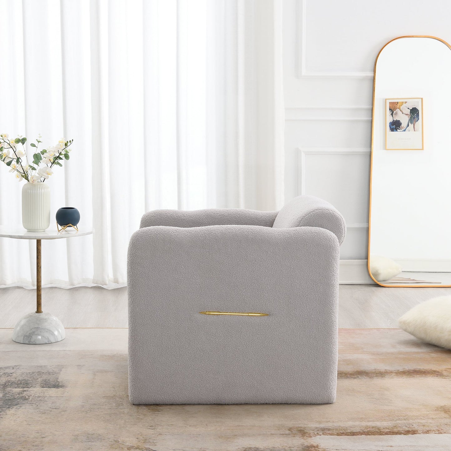 Armchair with wavy armrests, metal decorations on both sides of the armrests, made of Teddy cloth, light gray - Korvel