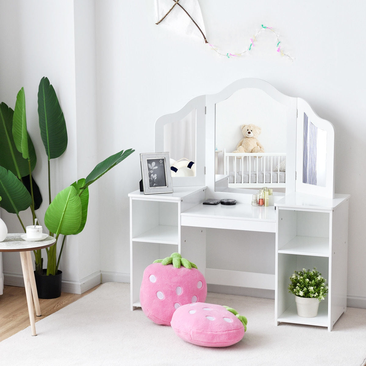 Kids Tri Folding Mirror Makeup Vanity Table Set - White