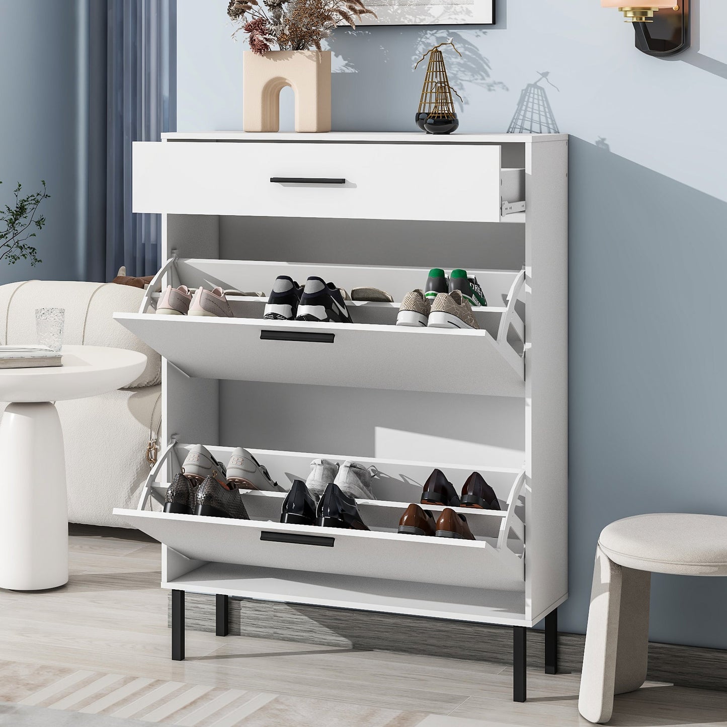 Independent shoe rack storage box with drawers and metal legs, modern shoe cabinet with 2 flippable drawers - Korvel