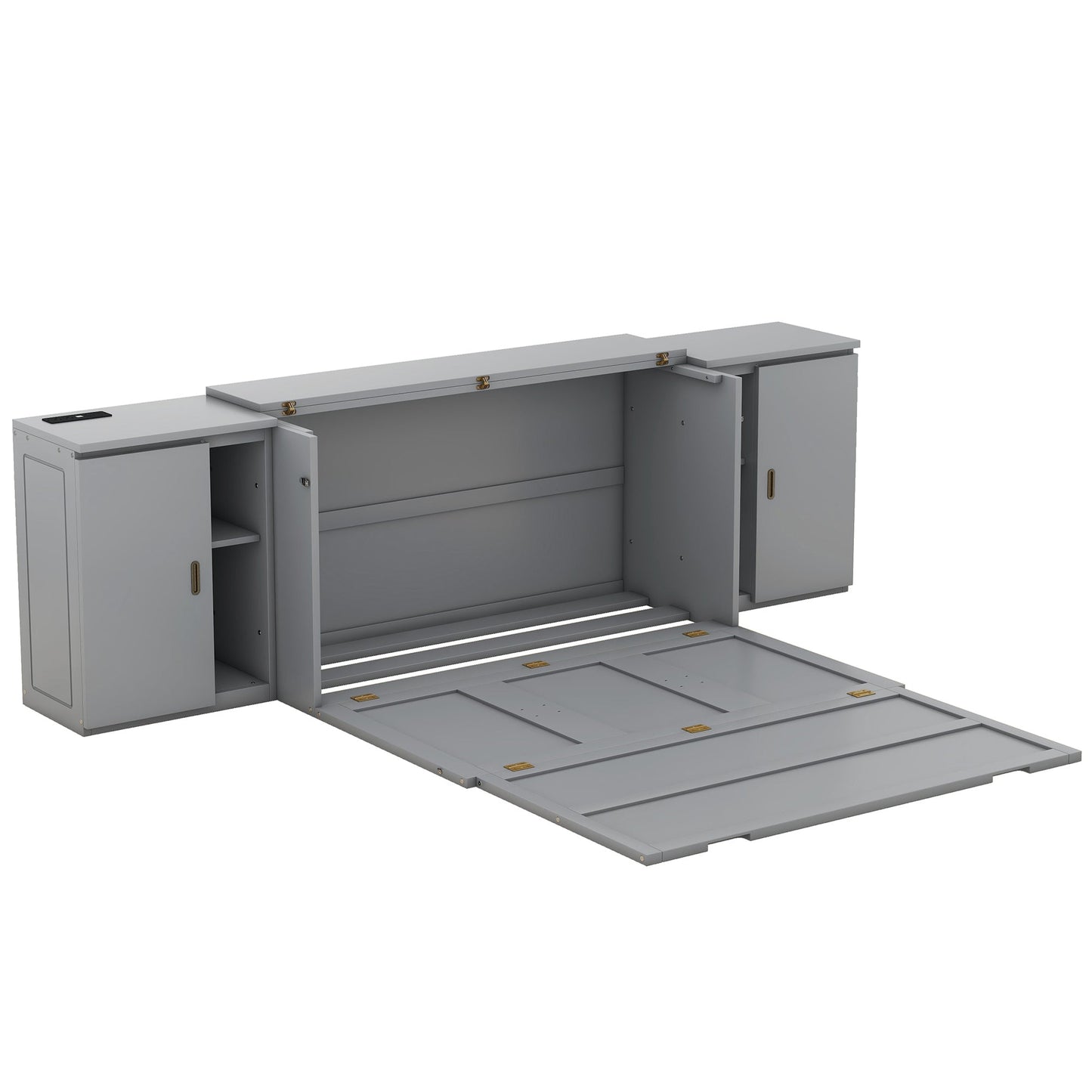 Queen Size Murphy Bed with Shelves, Cabinets and USB Ports,Gray - Korvel