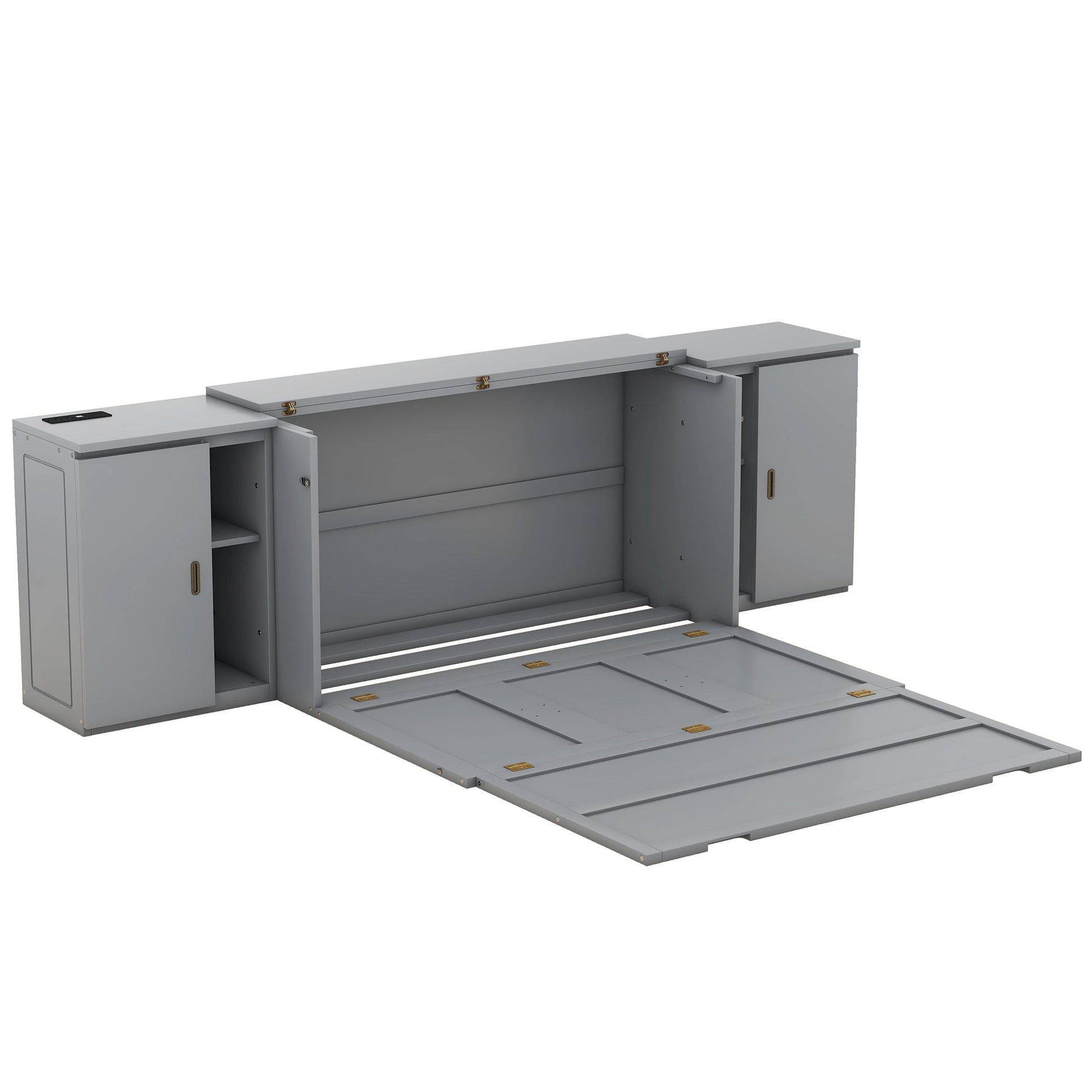 Queen Size Murphy Bed with Shelves, Cabinets and USB Ports,Gray - Korvel