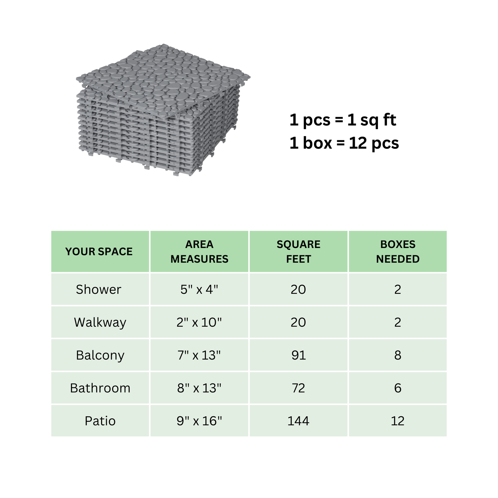 12 x 12 inch gray interlocking deck tiles, plastic waterproof pebble pattern, pack of 12 pieces - Korvel