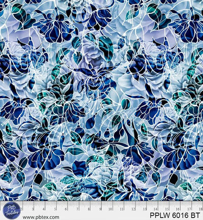 Tela de algodón de respaldo ancho de 108" con flores en azul y teal