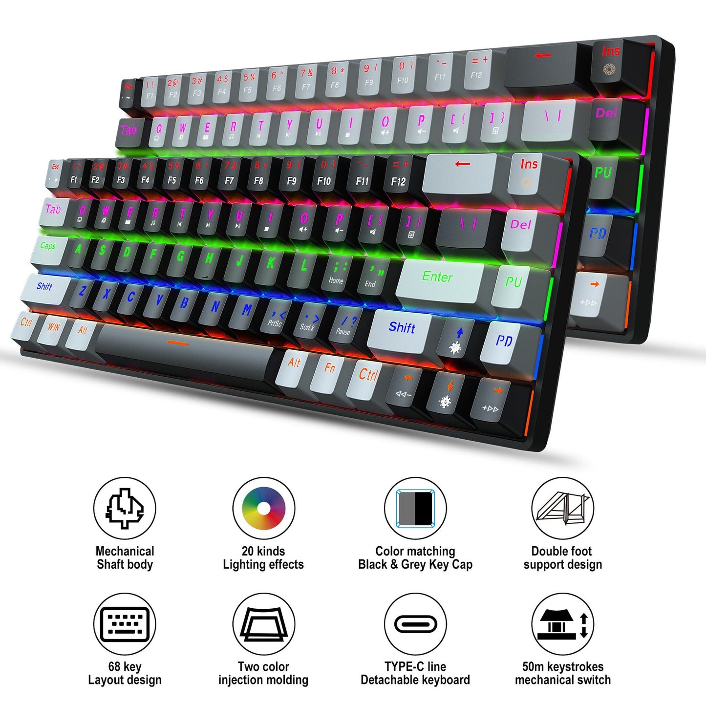 New 68 key RGB luminous esports game with blue and red axis mechanical keyboard laptop MAC 60% - Korvel