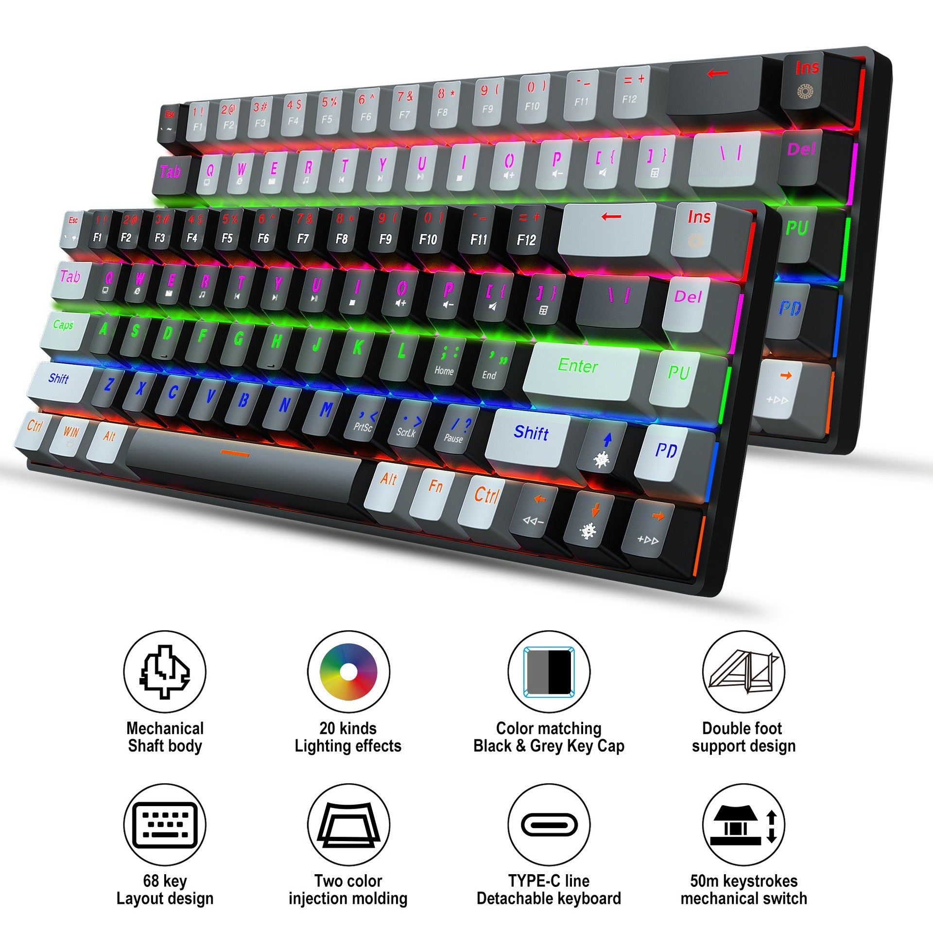 New 68 key RGB luminous esports game with blue and red axis mechanical keyboard laptop MAC 60% - Korvel