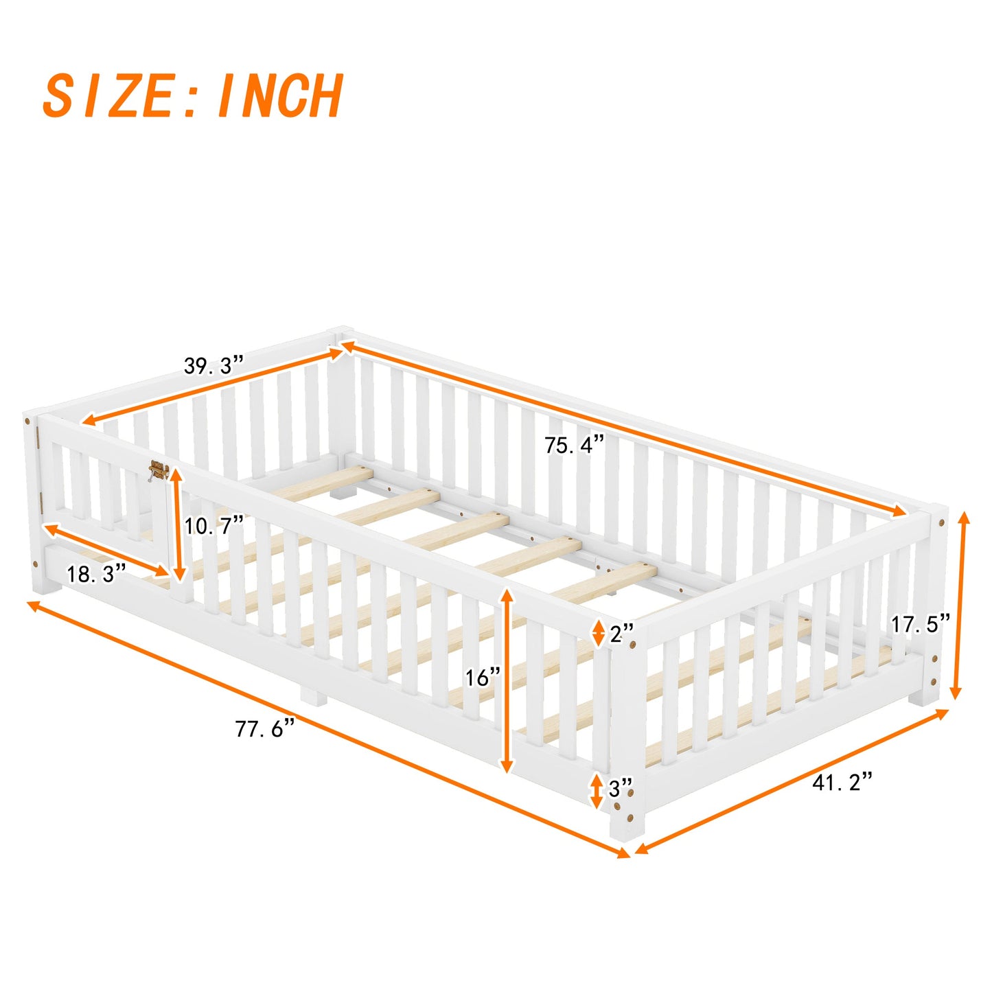 Twin Size Bed Floor Bed with Safety Guardrails and Door for Kids, White - Korvel