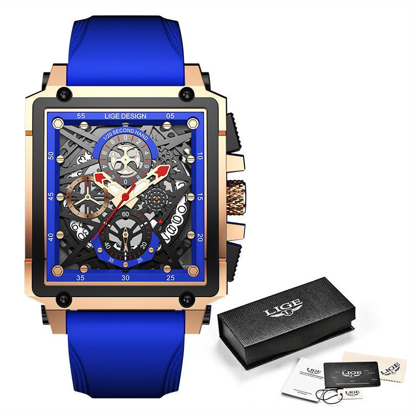Lige New Men's Watch Square Multifunction Chronograph 30M Waterproof Watch - Korvel