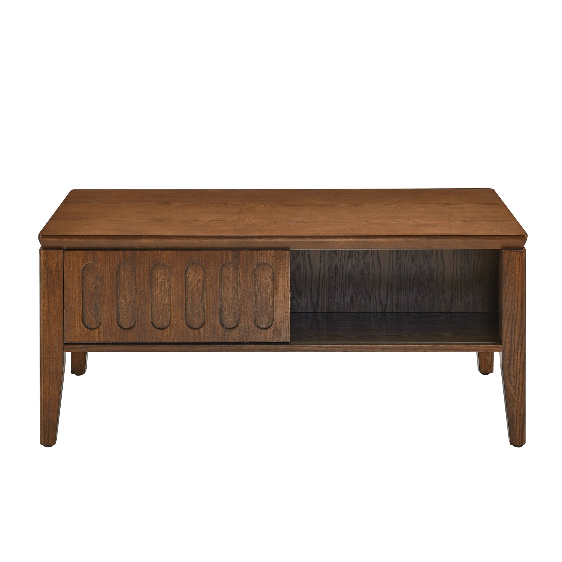 Medieval modern flute coffee table with storage sliding door and solid wood legs, vintage farmhouse wood central table - Korvel