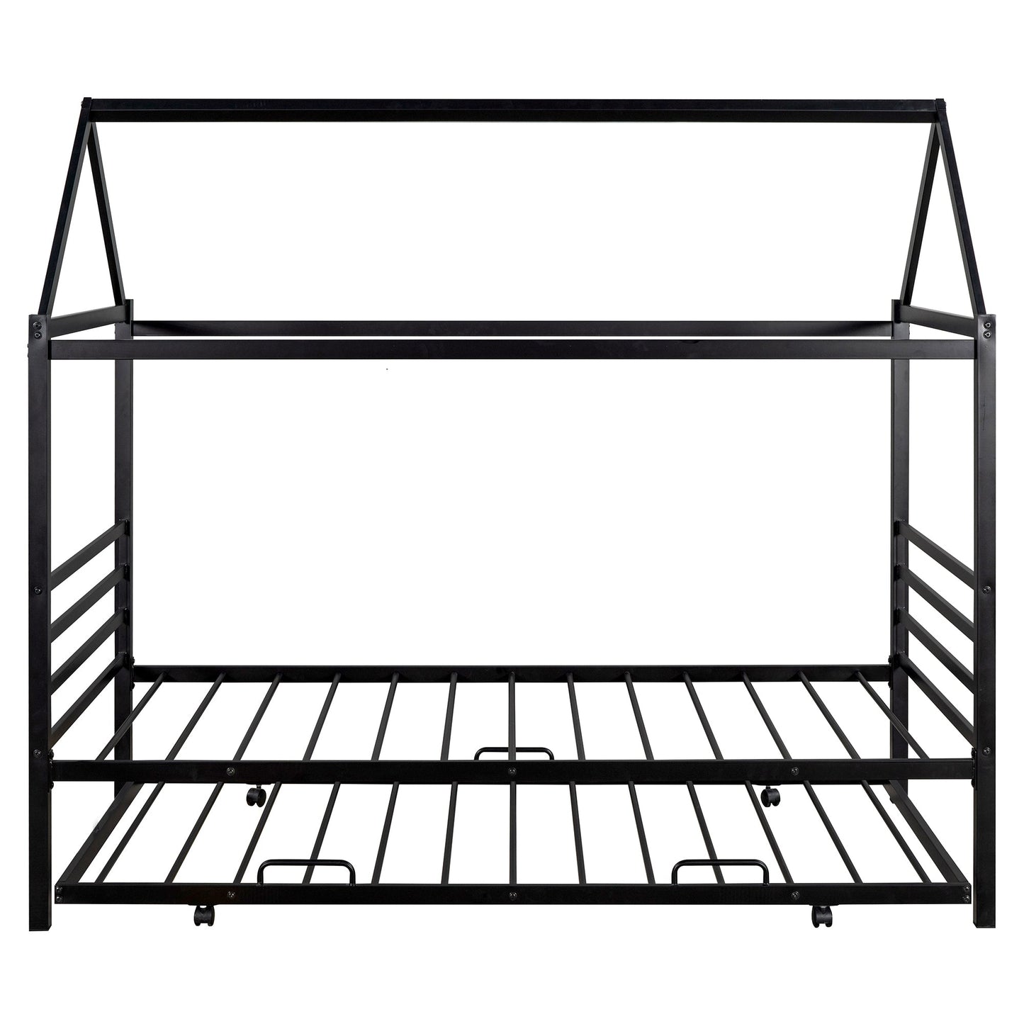 Twin Size Metal House Shape Platform Bed with Trundle - Black