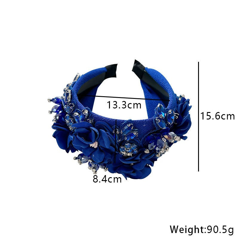 Solid color fabric flower oversized wide edged crystal headband - Korvel