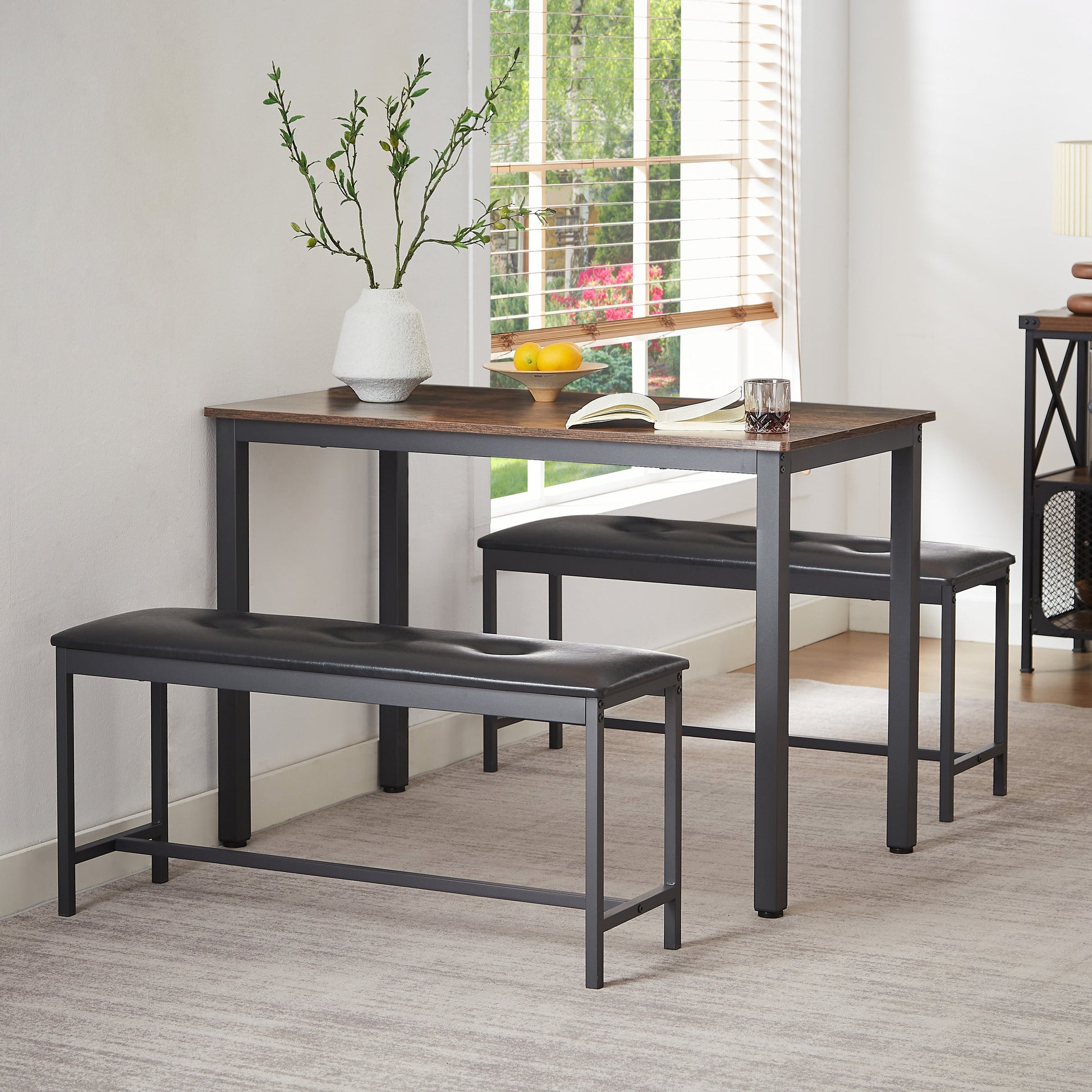 Dining Table Set Barstool Dining Table (with 2 PU Upholstered Benches) Industrial Style Dining Table and Chairs - Korvel