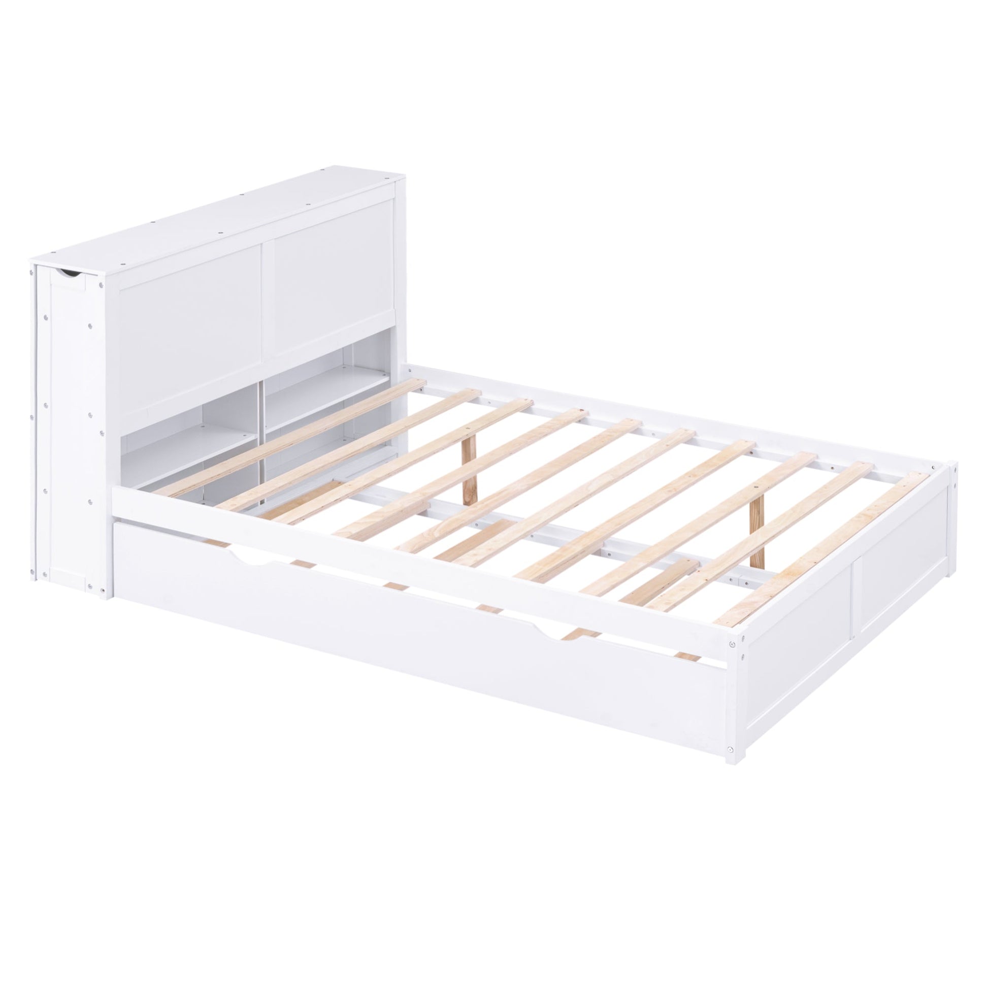Full Size Storage Platform Bed with Pull Out Shelves and Twin Size Trundle, White - Korvel