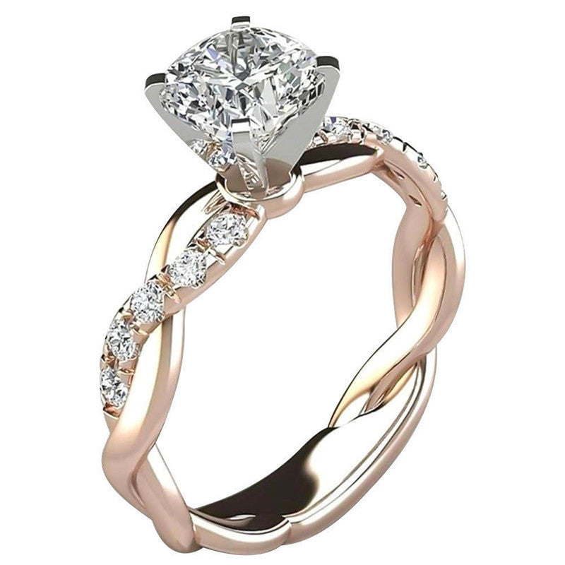European and American jewelry 18k rose gold plated two-tone princess square diamond ring cross twist diamond ring - Korvel