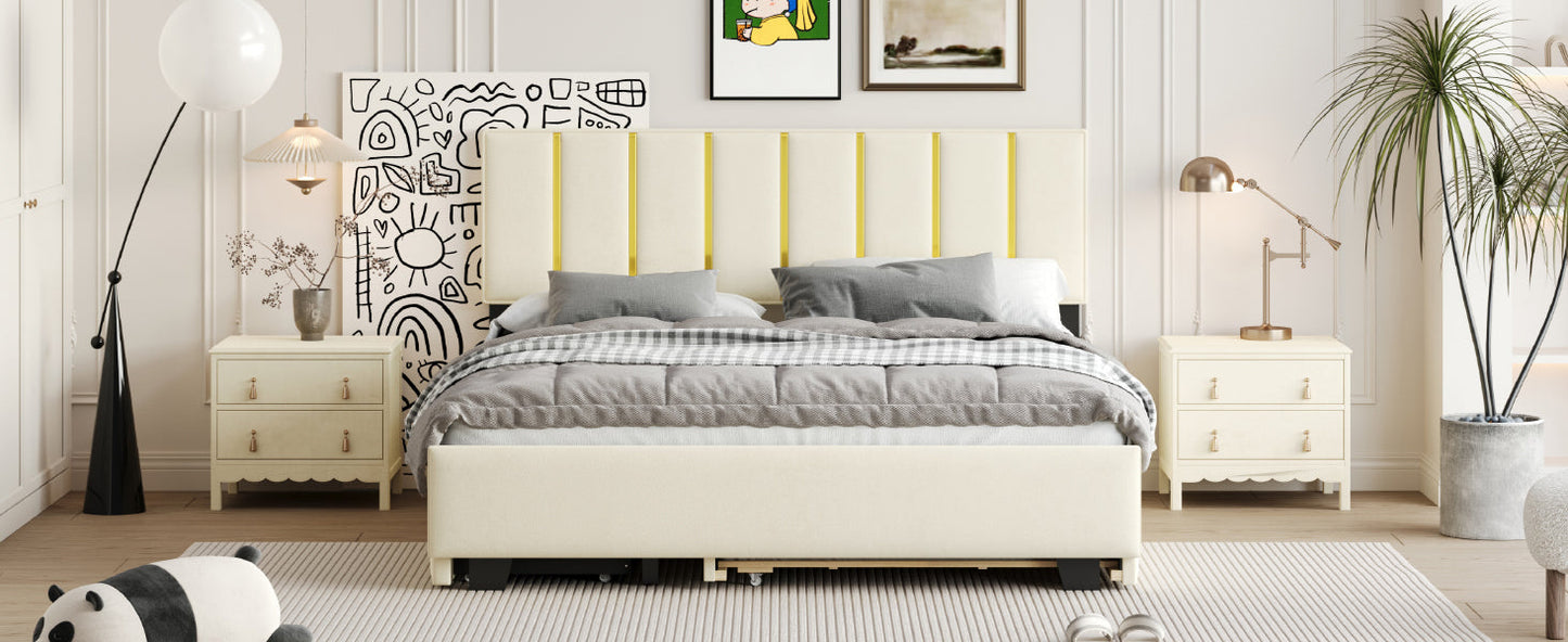 Elegant Queen Size Upholstered Platform Bed with Storage and Trundle