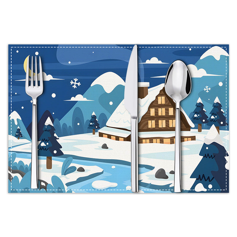 Christmas placemat white hemp Christmas scenery print home table mat living room dining table coaster - Korvel
