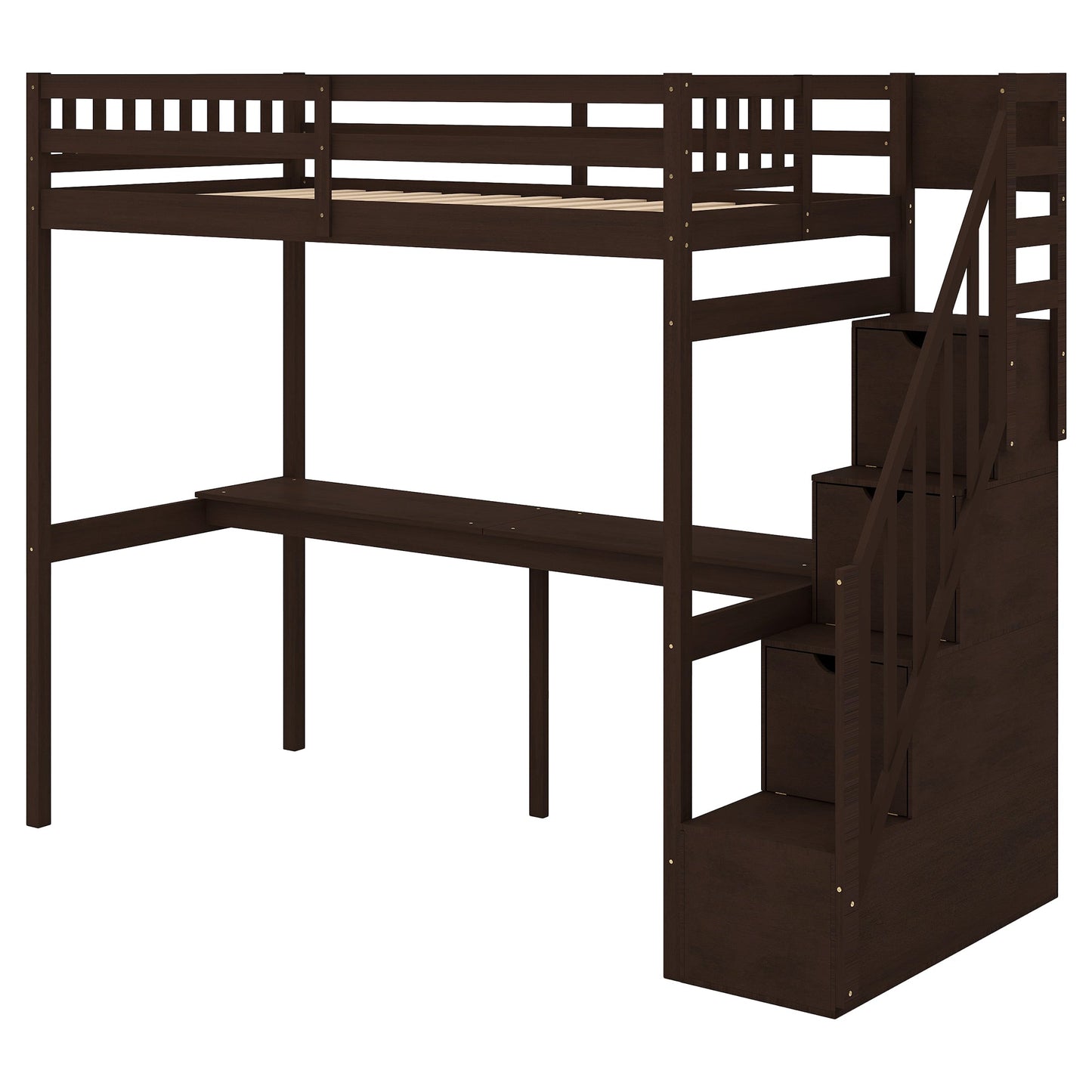 Twin Size Loft Bed with Storage Staircase and Built-in Desk - Espresso
