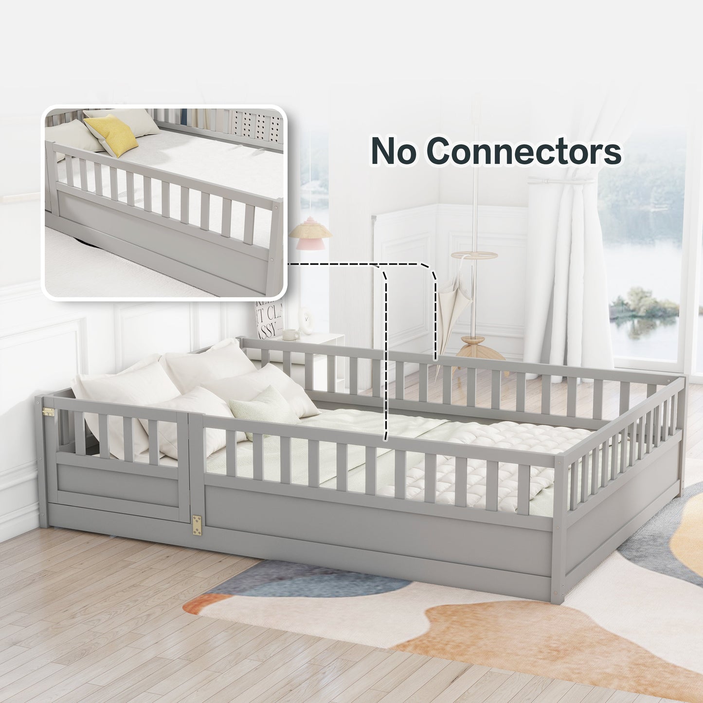Full size floor bed, children's floor bed frame, Montessori wood floor bed, support Flat noodles gray - Korvel