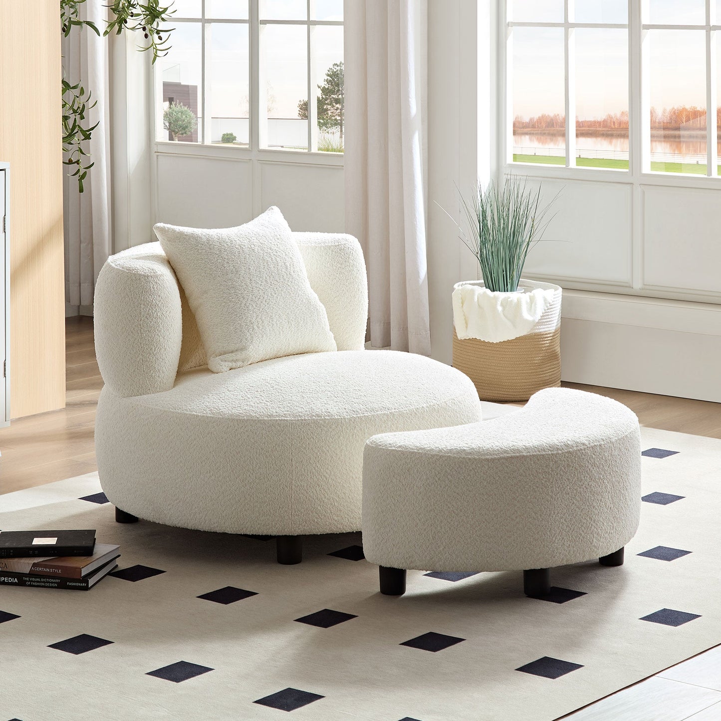 Fauteuil en tissu teddy beige moderne avec pouf