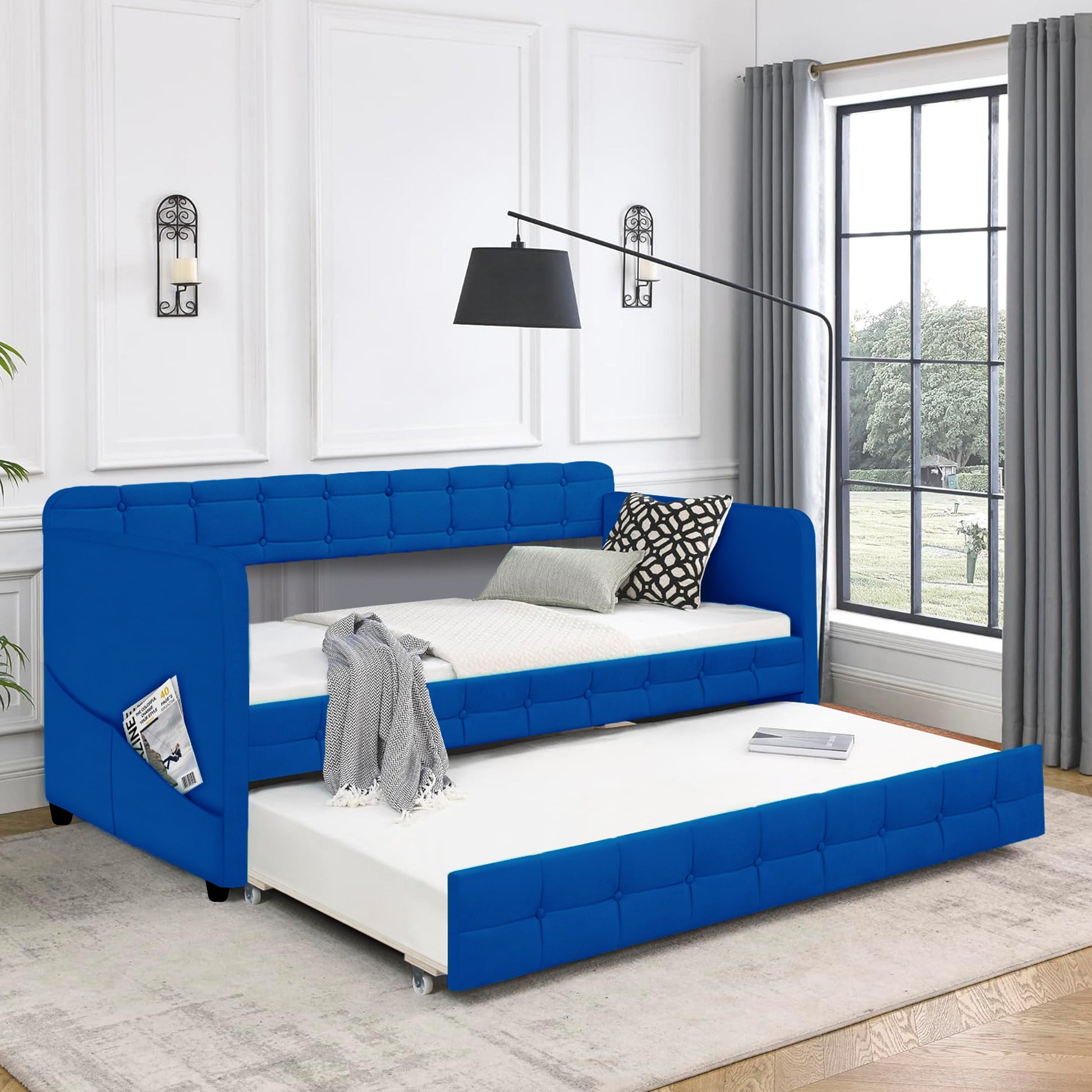 Blue padded twin beds with wheels, velvet fabric, no need for springs - Korvel