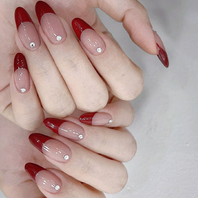 European and American style red French manicure, simple and atmospheric, removable finished wearable nails, fake nail pieces - Korvel