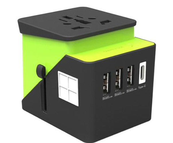 2019 , 3 USB + 1 Typc C International Power Adapter for Europe, UK, China, Australia, Japan and More 200 Countries Black Green - Korvel