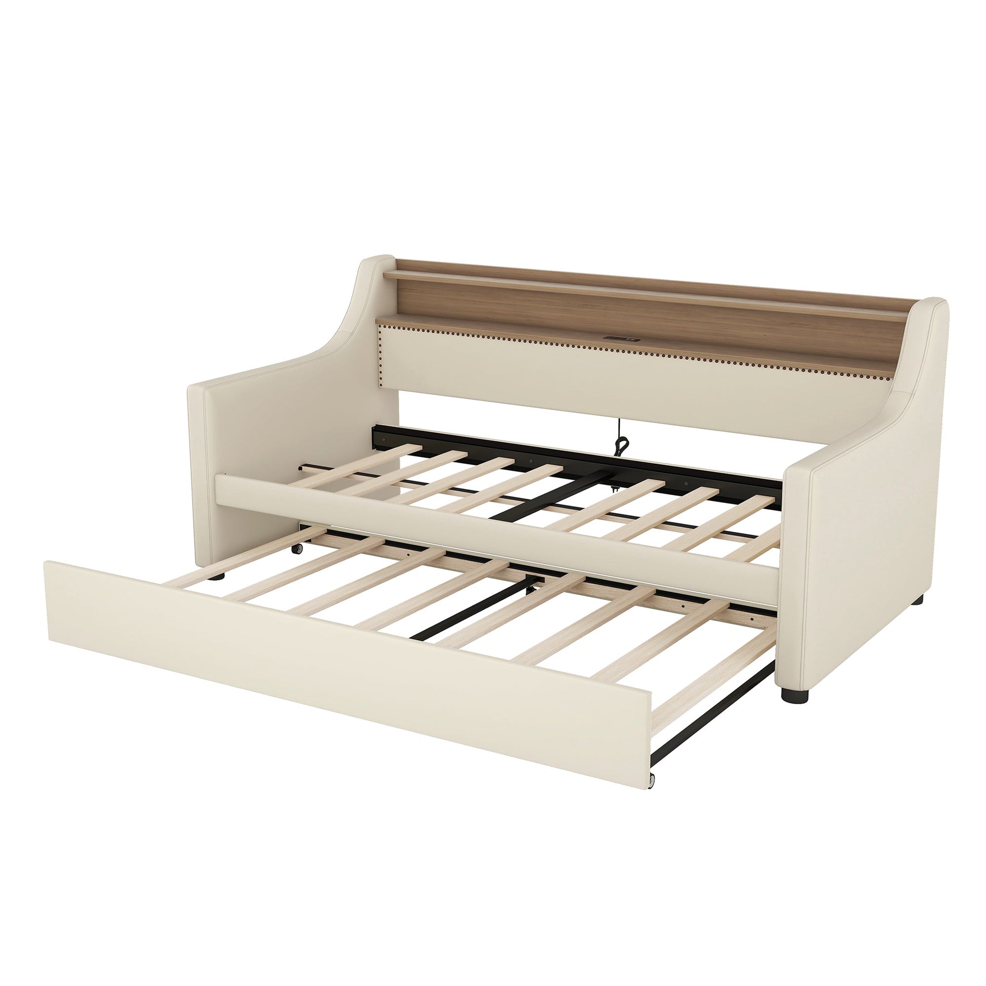 Twin Size Daybed with Trundle, Upholstered Daybed with Charging Station and LED Lights, Beige - Korvel
