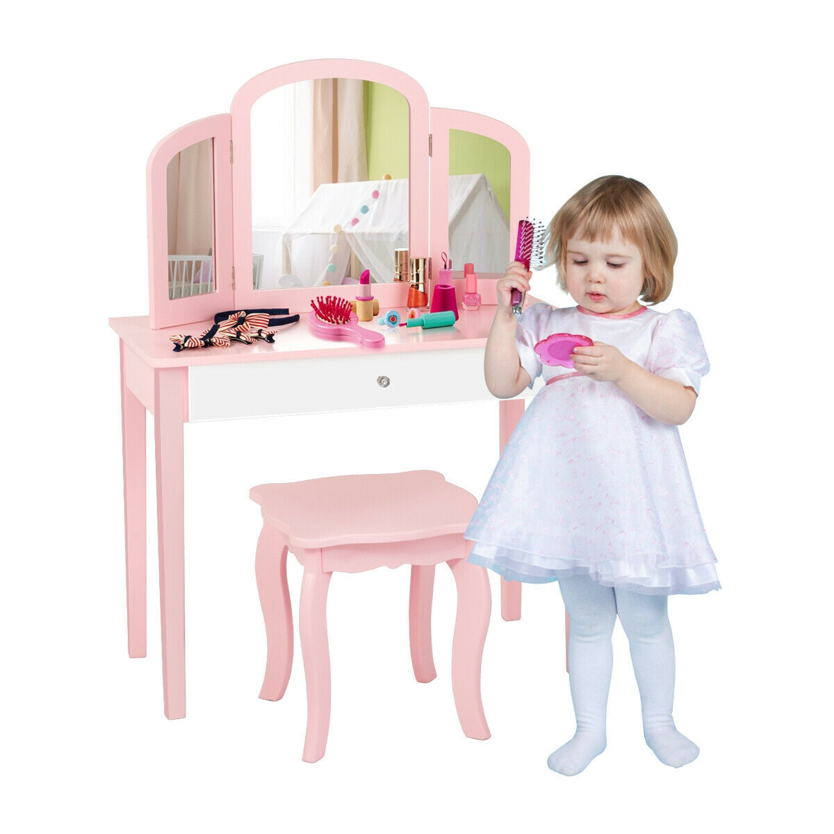 Kids Princess Make Up Dressing Table with Tri-folding Mirror - Pink