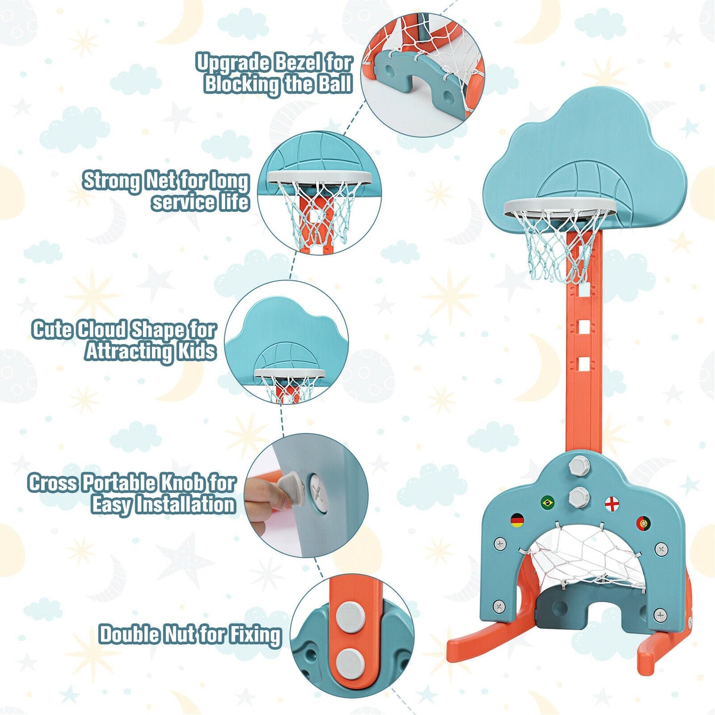 Ensemble de panier de basketball 3-en-1 pour enfants avec ballons - Vert