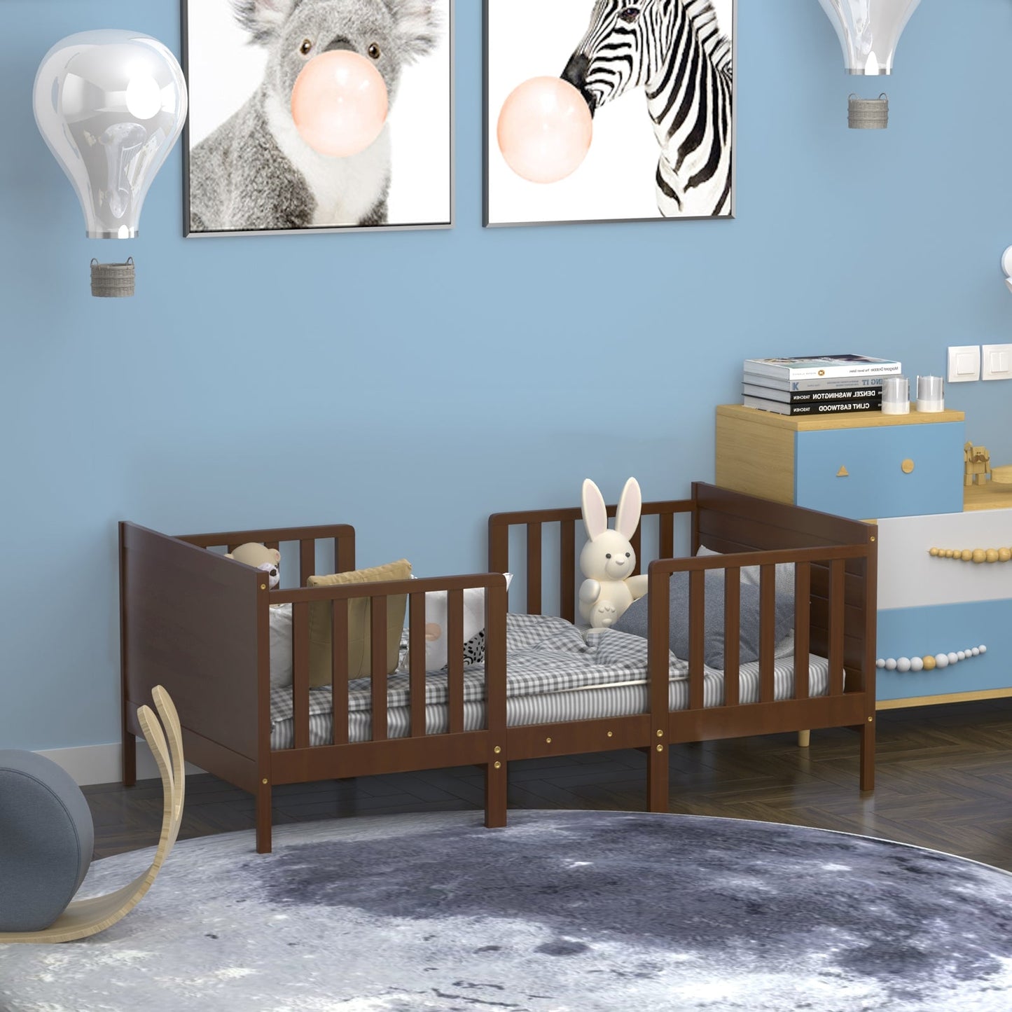 2-in-1 Convertible Kids Wooden Toddler Bed with Guardrails - Brown