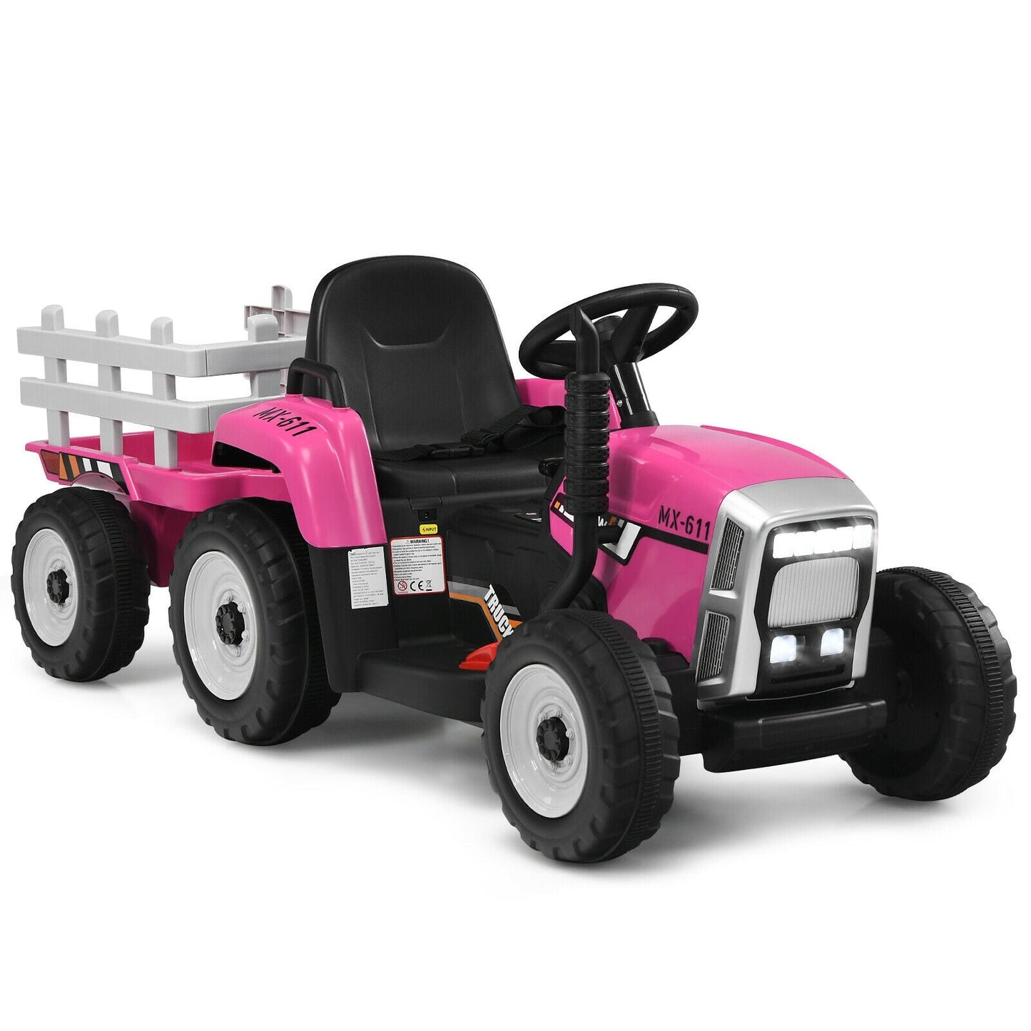 12V Pink Ride-On Tractor with Ground Loader for Kids 3+ Years