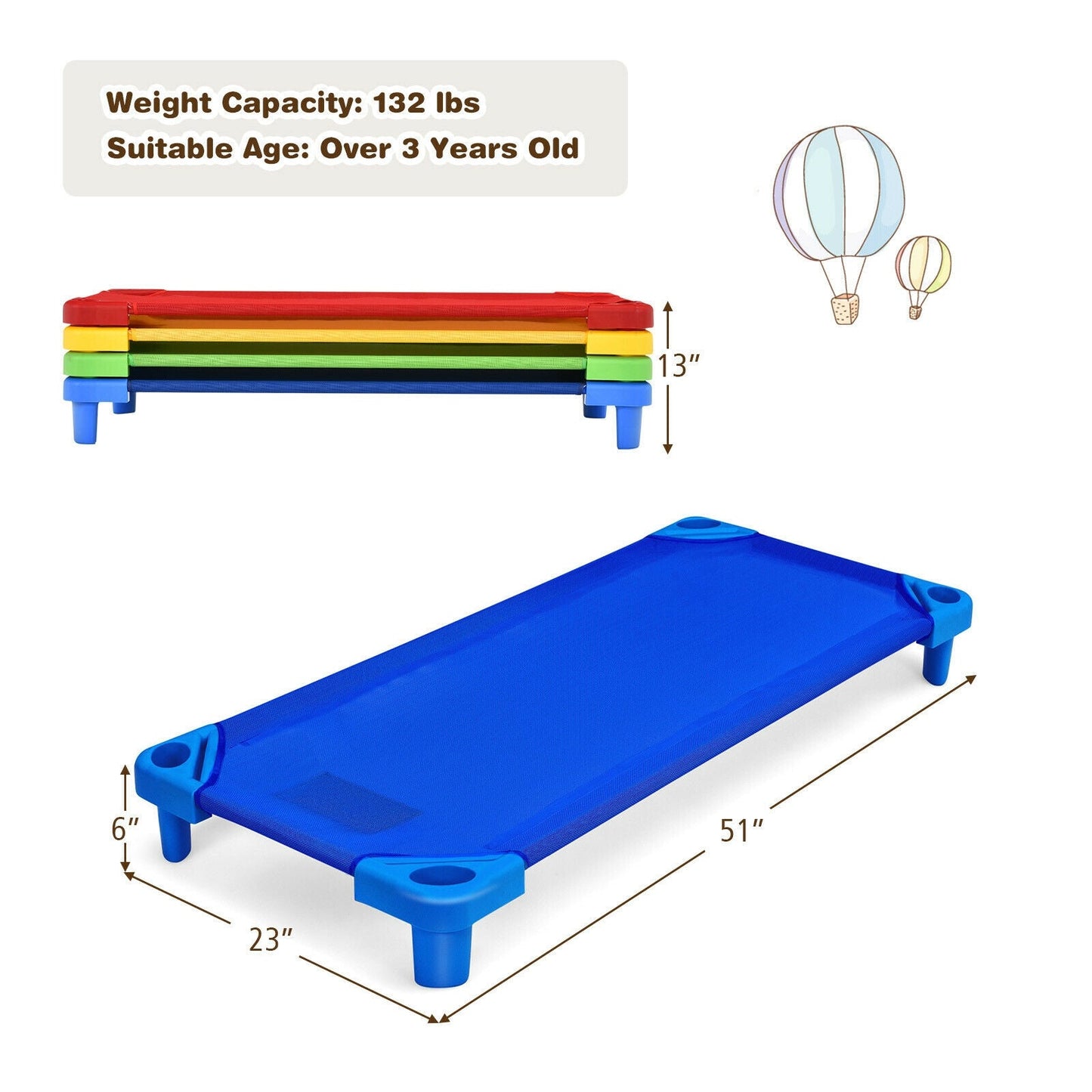Pack of 4 Colorful Kids Stackable Naptime Cots