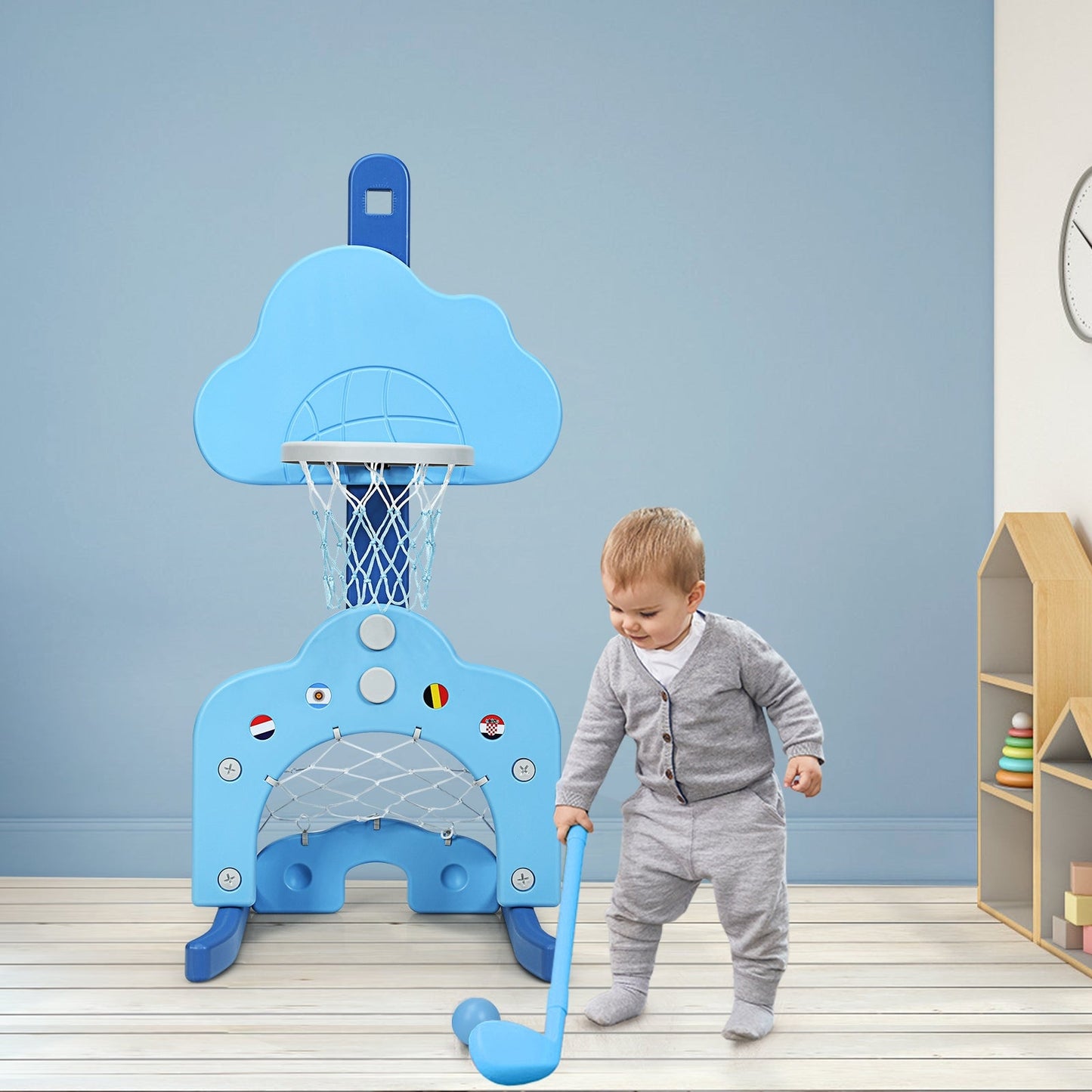 Juego de Aro de Baloncesto para Niños 3 en 1 con Pelotas - Azul