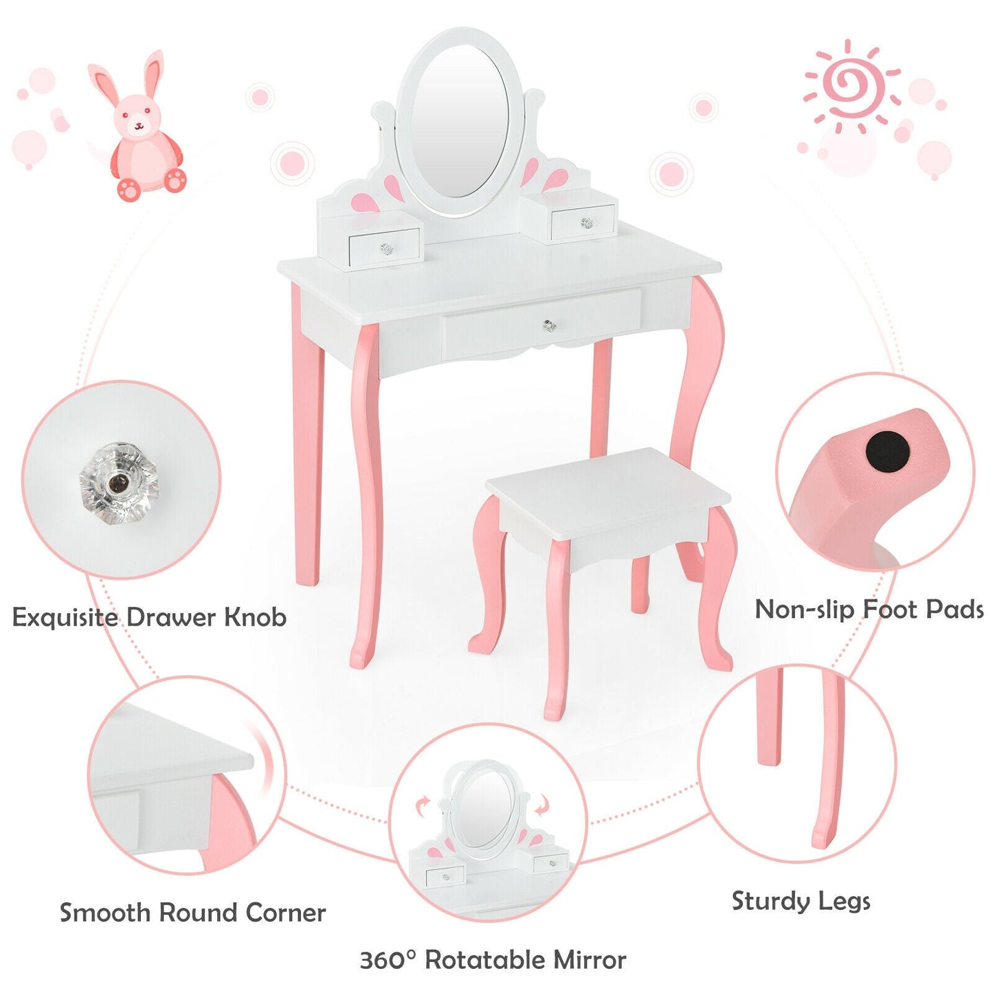 Conjunto de Mesa de Maquillaje para Niñas Princesa con Taburete - Blanco