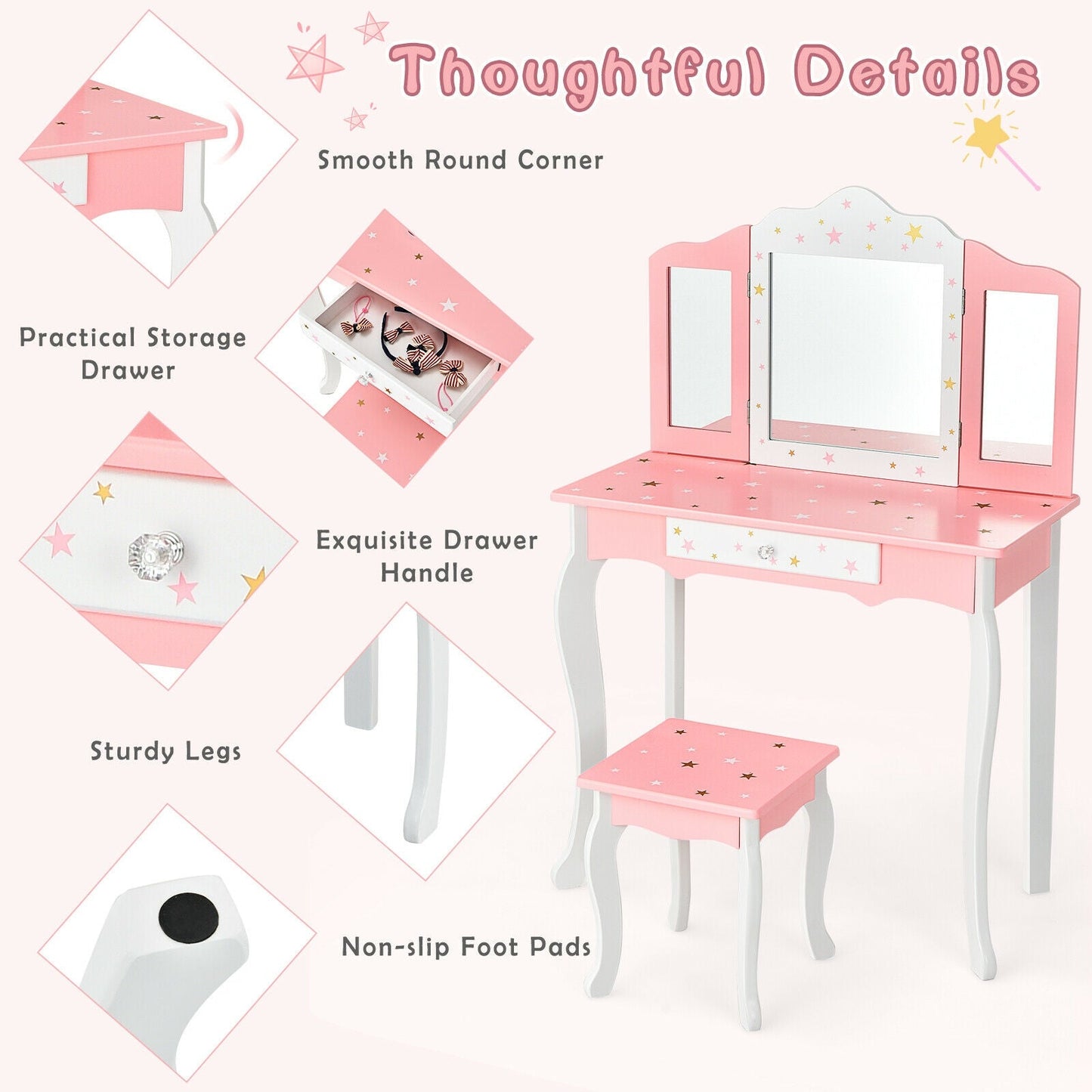 Kids Princess Vanity Table and Stool Set - Pink