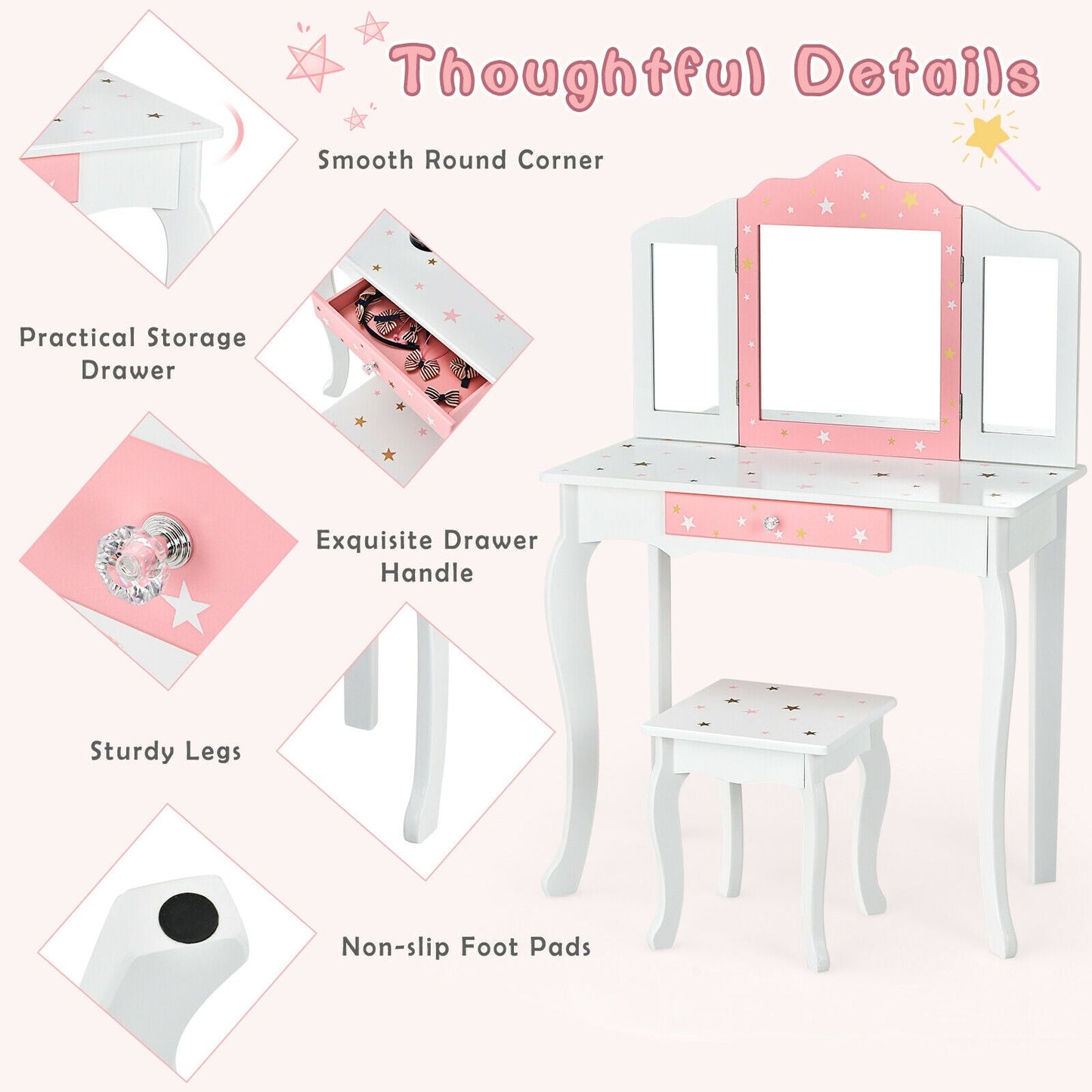Ensemble de table de maquillage et de tabouret pour enfants Princesse avec miroir pliant - Blanc