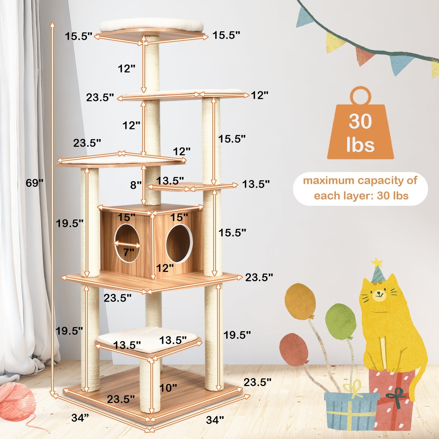 7-Layer Wooden Cat Tree with Sisal Posts and Condo - Natural