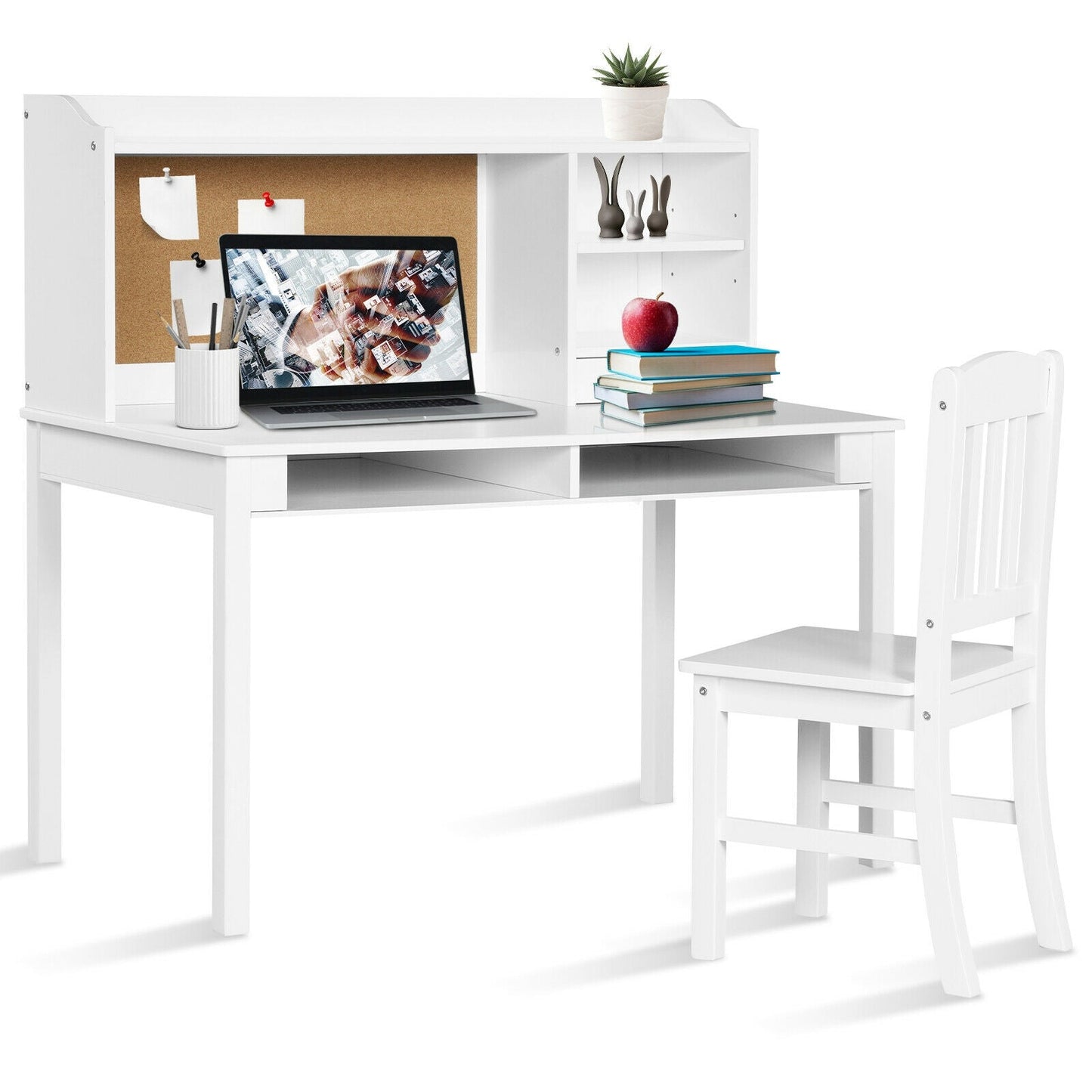 Kids Desk and Chair Set with Hutch and Bookshelves - White