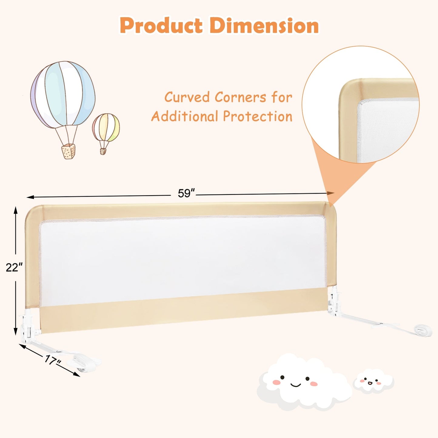 59 Inch Folding Baby Bed Rail Guard - Beige