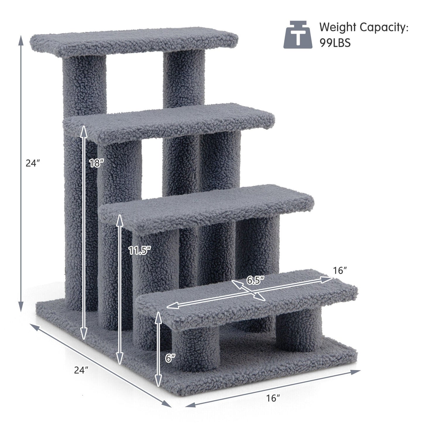 Escaliers pour animaux de compagnie en moquette à 4 marches de 24 pouces pour chats - Gris