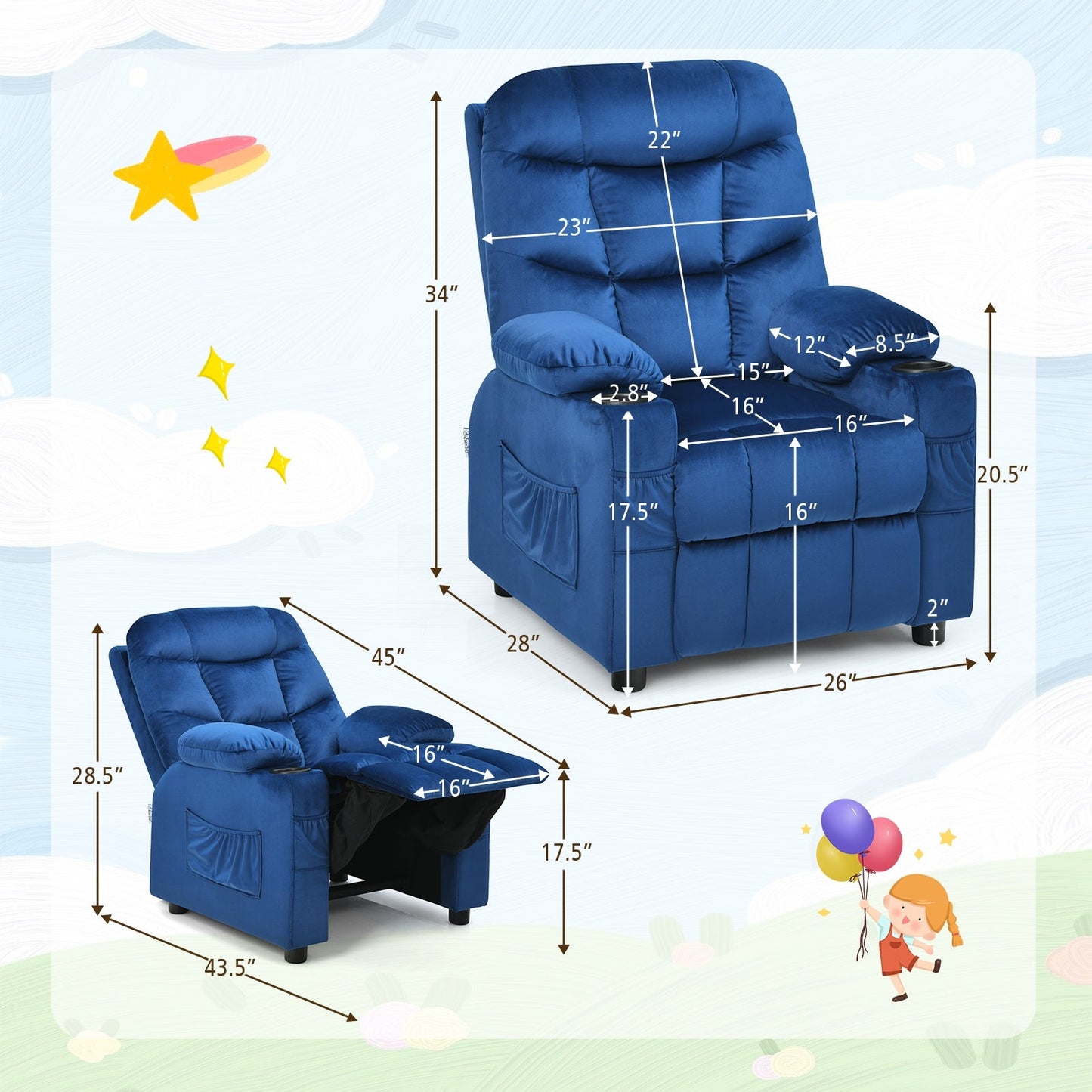 Sillón Reclinable para Niños con Portavasos y Reposapiés - Azul Claro