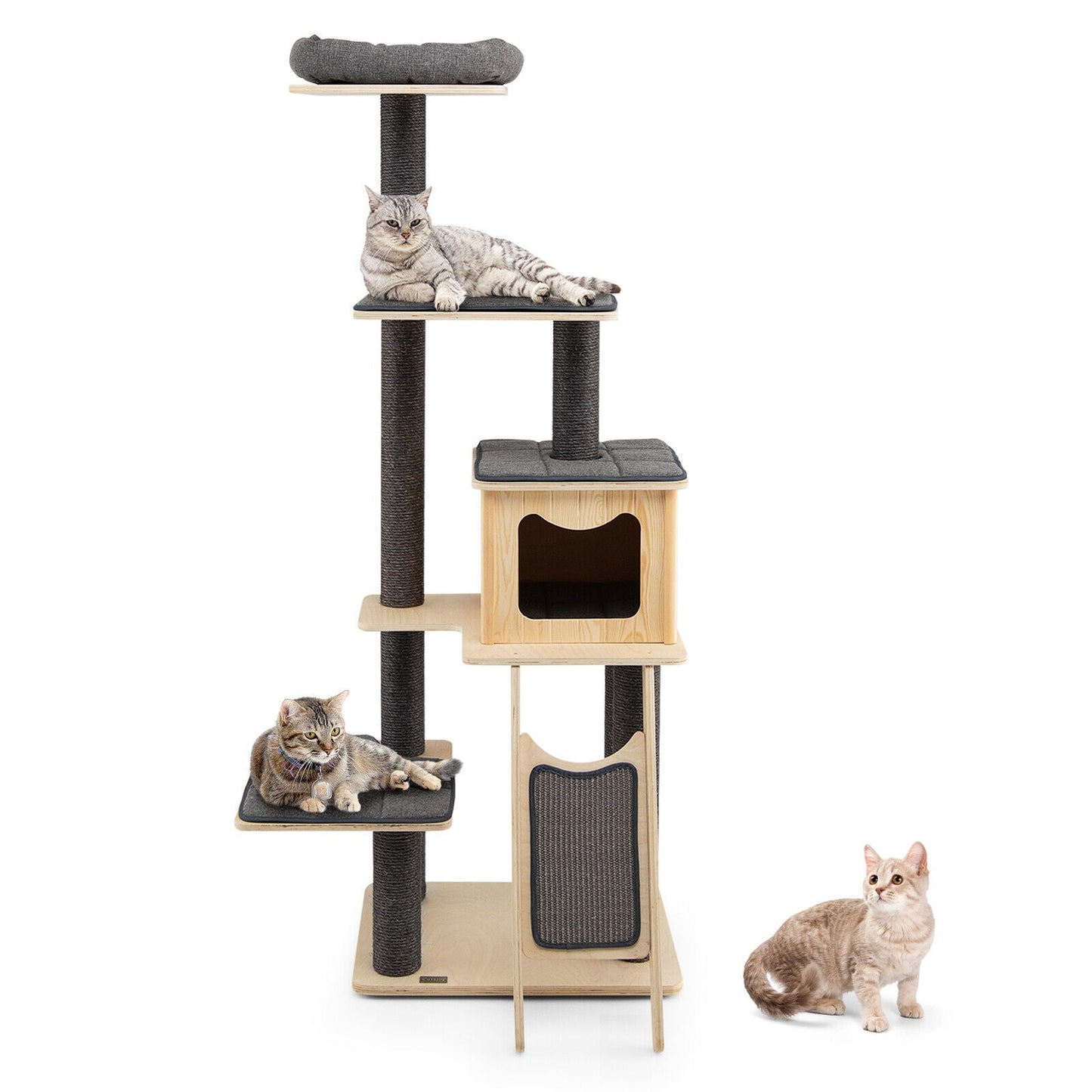 5-Tier Modern Wood Cat Tower with Washable Cushions - Gray