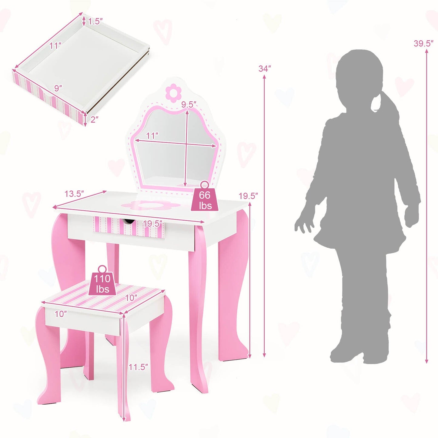Conjunto de tocador 2 en 1 para niños pequeños con parte superior desmontable - Blanco