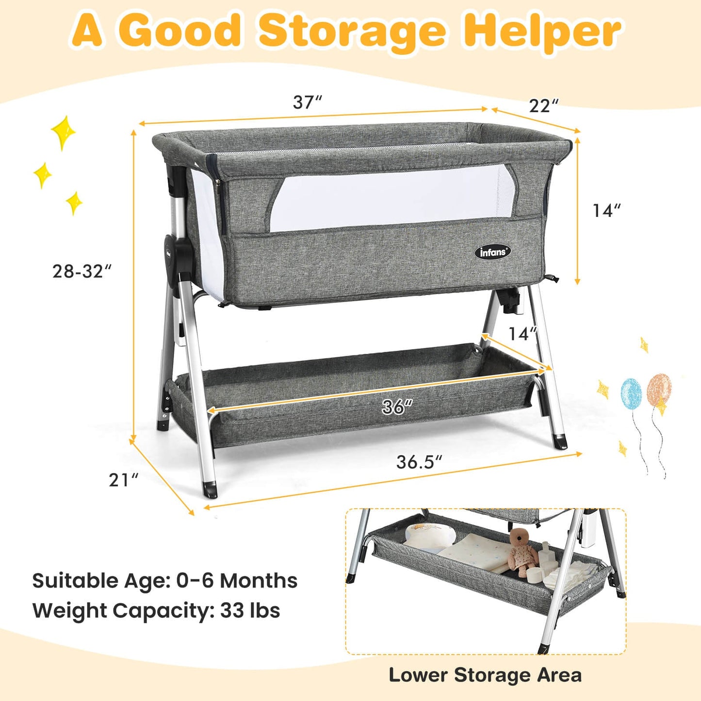 Adjustable Baby Bedside Crib with Large Storage - Dark Gray