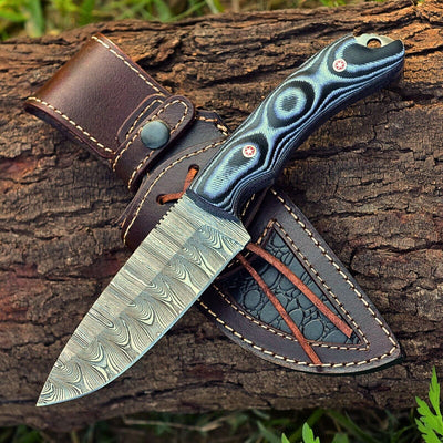 Premium 10" Damascus Steel Hunting Knife with G10 Grip & Leather Sheath - Korvel