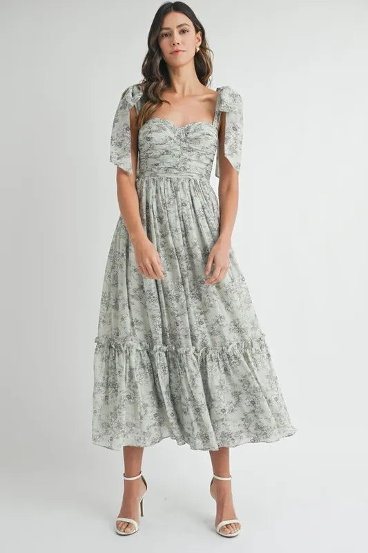 Robe midi froncée à buste floral avec lien d'épaule