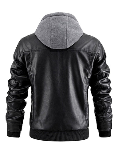 Men's Faux Leather Jacket Motorcycle Jacket Waterproof Windproof PU Moto Vintage Bomber Hoodie With Removable Hood - Korvel