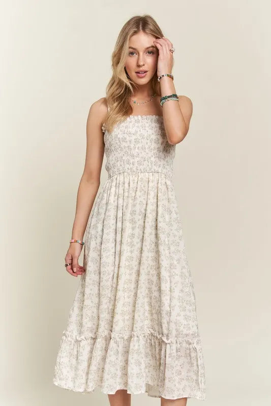 Boho-Inspired Smocked Floral Ruffled Hem Cami Dress